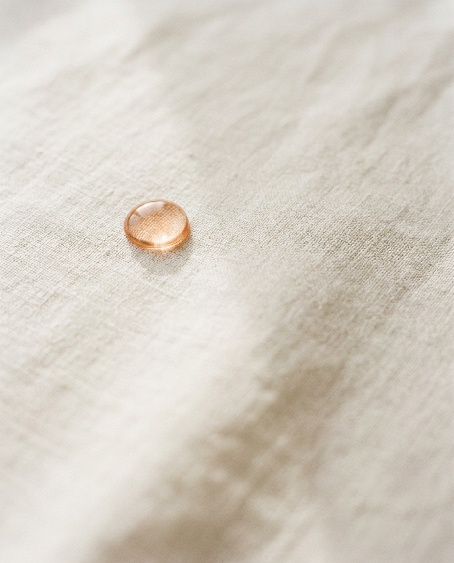 A single golden drop on warm linen, still-life